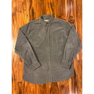Basic Options Mens Corduroy Button Down Shirt Gray Green L Long Sleeve Pocket